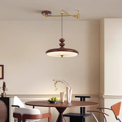 “Minimalist walnut color LED swing pendant for kitchen, bar, or bedroom, 3-year warranty”