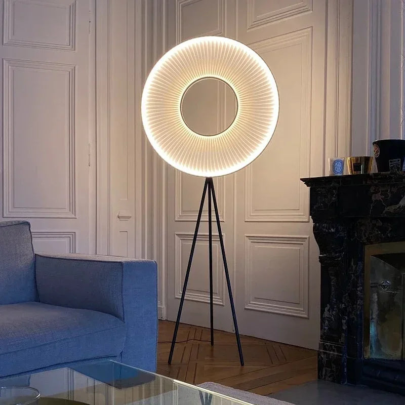 “Minimalist Nordic pleated circle floor lamp with halo shade”