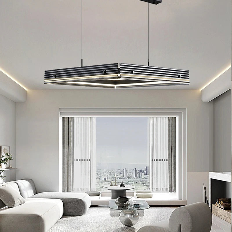 Modern living room with a stylish ceiling light fixture.