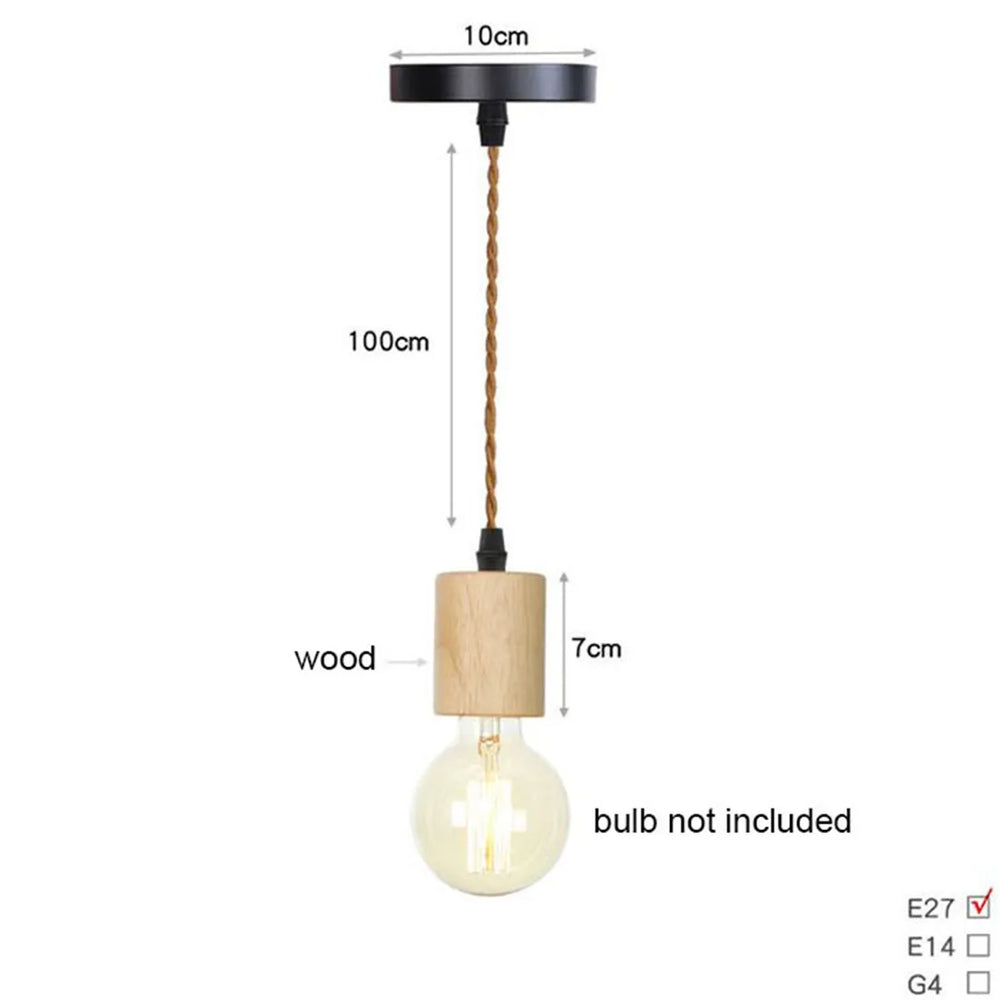 Pendant light with wooden shade and measurement details on a white background