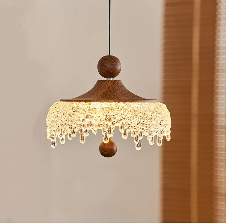 “Modern acrylic crystal pendant lamp with touch switch and wood accent”