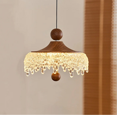 “Modern acrylic crystal pendant lamp with touch switch and wood accent”