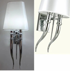 Modern wall sconce with chrome finish and white lampshade on a gray background