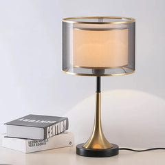 “Modern desk lamp with wood accents and soft white shade”