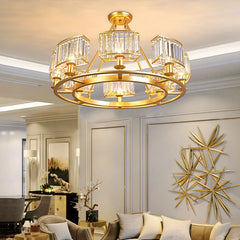 Modern crystal chandelier installed as living room ceiling centerpiece with ring frame