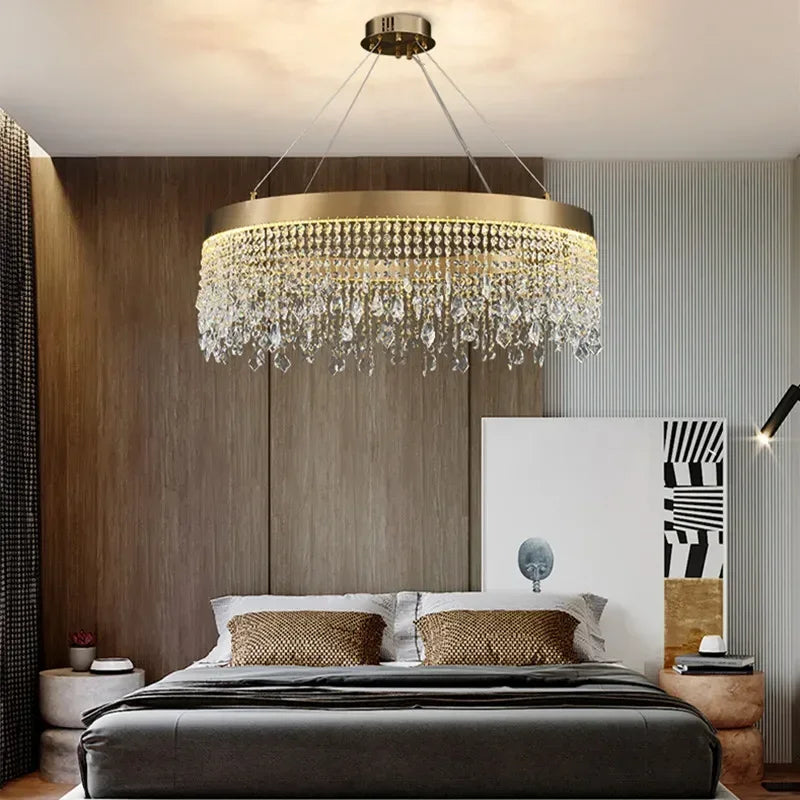 Luxury circular chandelier with crystal fringe and modern profile