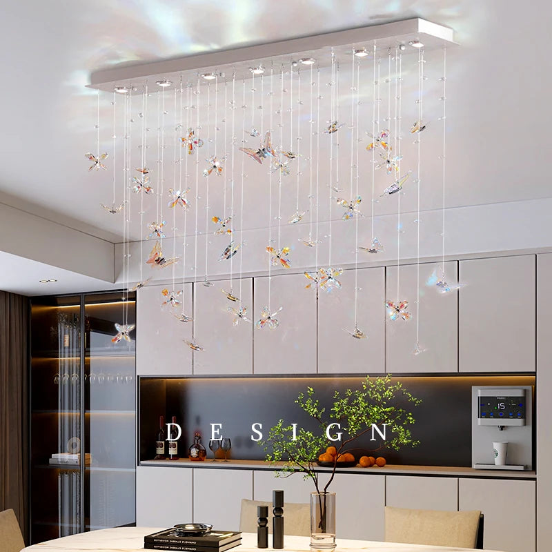 Modern hanging chandelier with crystal details in a minimalist room