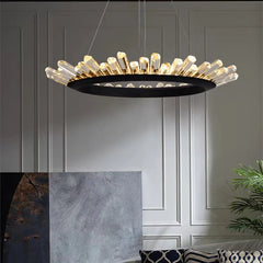 Modern ring pendant light with crystal accents and metal body for dining room lighting