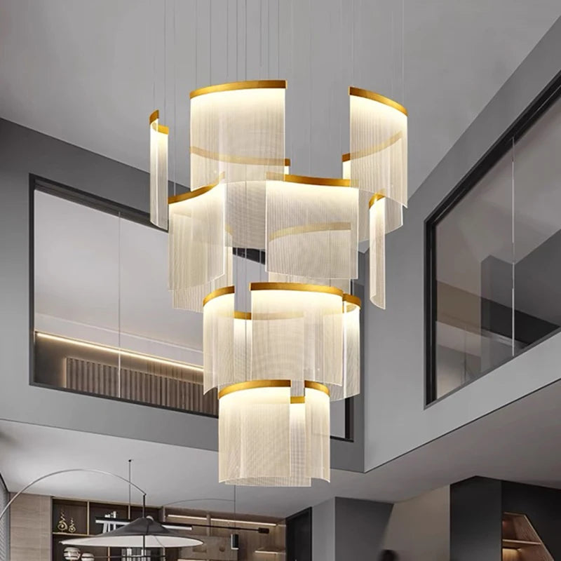 “Modern dimmable high-ceiling pendant in entryway”
