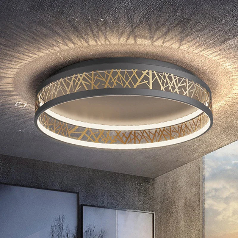 Modern dimmable LED ceiling lamp with geometric rings in black