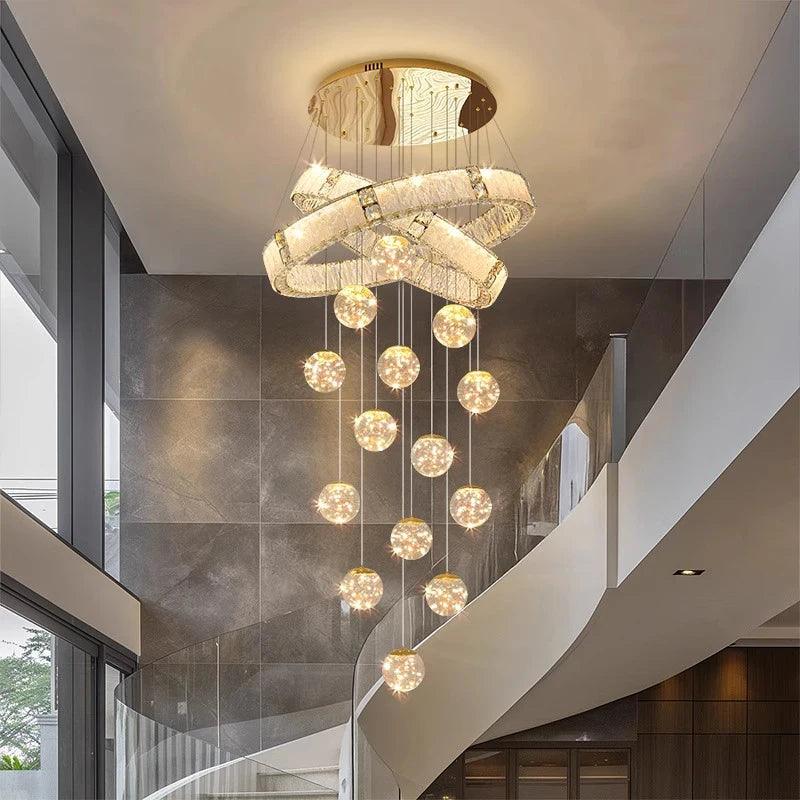 Modern staircase pendant chandelier with multiple hanging crystal drops