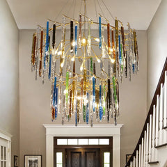 “Modern LED flush mount chandelier with gold frame and crystal rods”