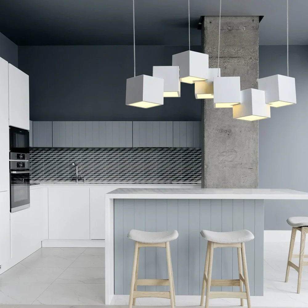 Modern geometric cube pendant light with LED bulbs included for living room ceiling