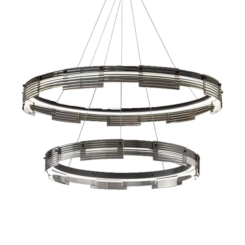 Modern chandelier with multiple circular rings on a white background
