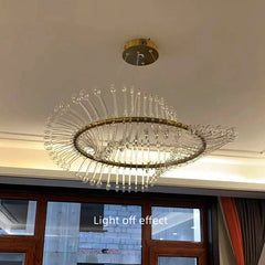 Dazzling round crystal chandelier hanging in an art gallery