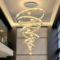 “High ceiling chandelier with crystal spiral design”