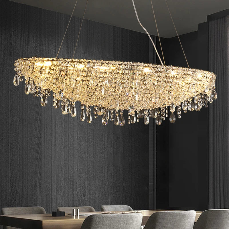 Elegant chandelier with integrated LED lights illuminating a stylish living room