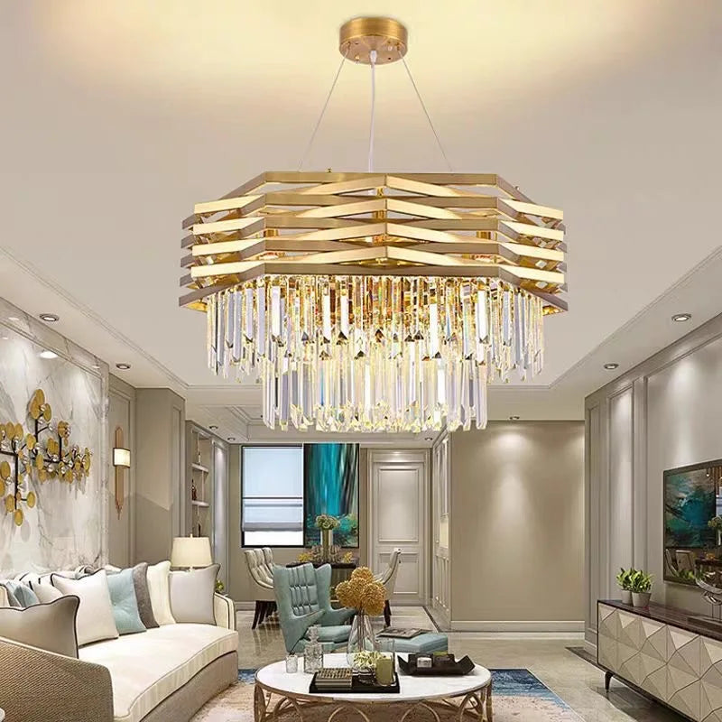 “Modern luxury crystal chandelier with gold accents”