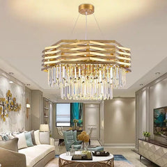 “Modern luxury crystal chandelier with gold accents”