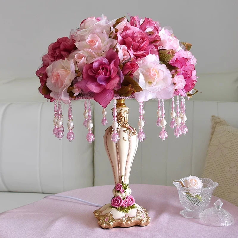 “Modern pink flower table lamp with resin base and crystal accents”