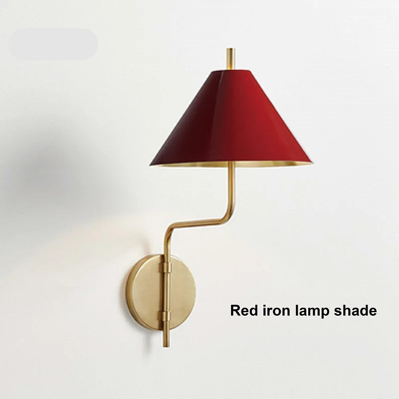 Wall-mounted lamp with red iron shade and gold base on a white background, featuring the brand 'Huouweii'.