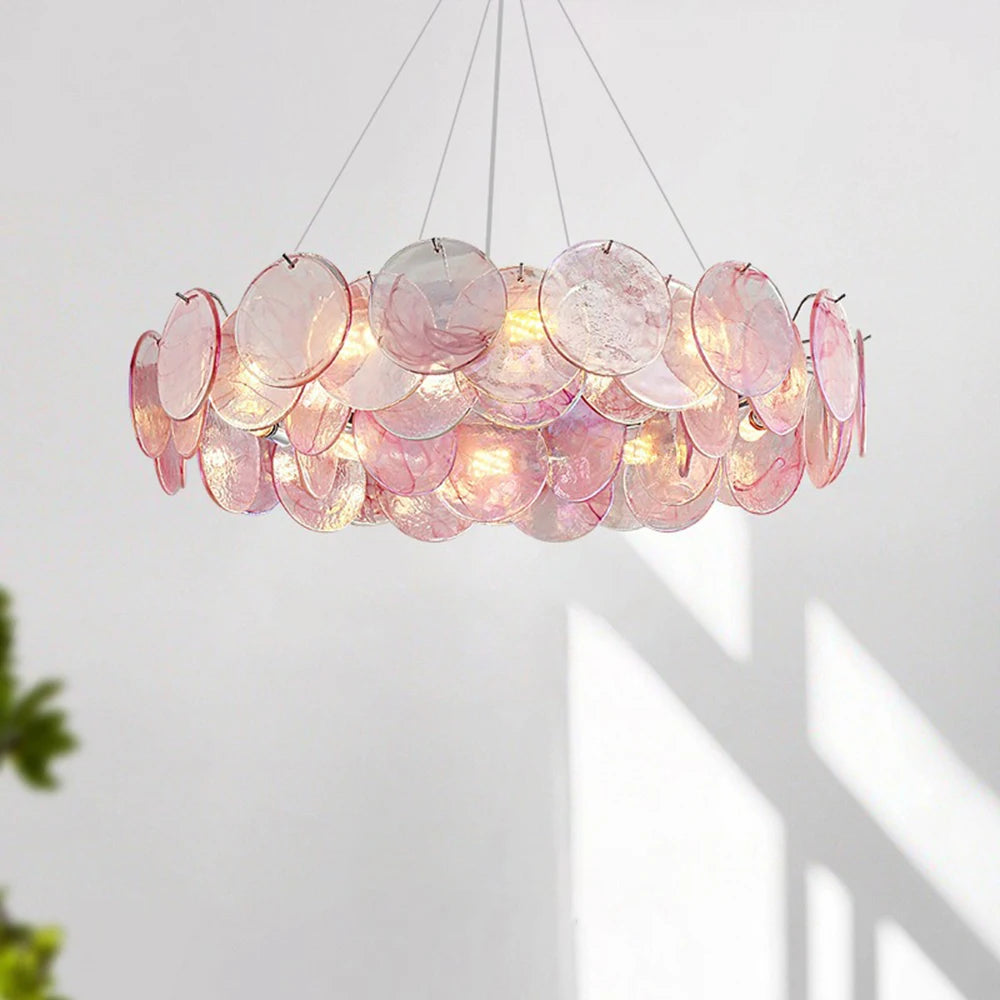 “Murano pink glass chandelier for elegant dining and living rooms”