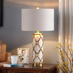 “Nordic ceramic table lamp with gold lattice design for modern bedrooms”