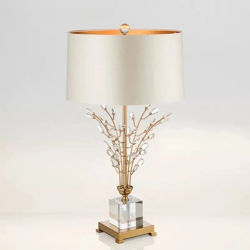 “Nordic crystal table lamp with gold accent and modern fabric shade”
