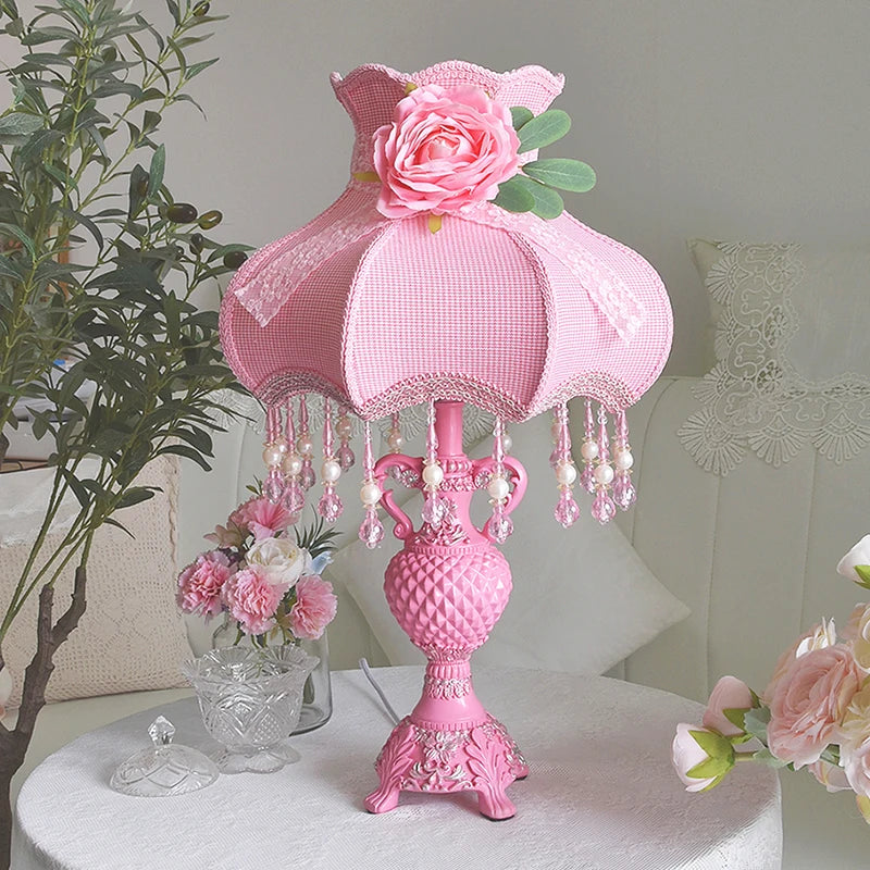 “Nordic pink princess table lamp with floral knit shade and ceramic base”