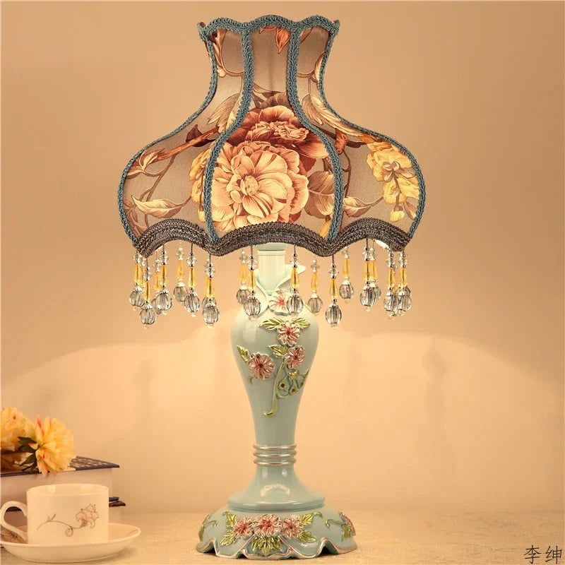 “Nordic resin flower table lamp with crystal bead lampshade”