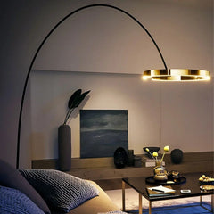 “Nordic ring arc floor lamp with gold LED ring and modern arc design”