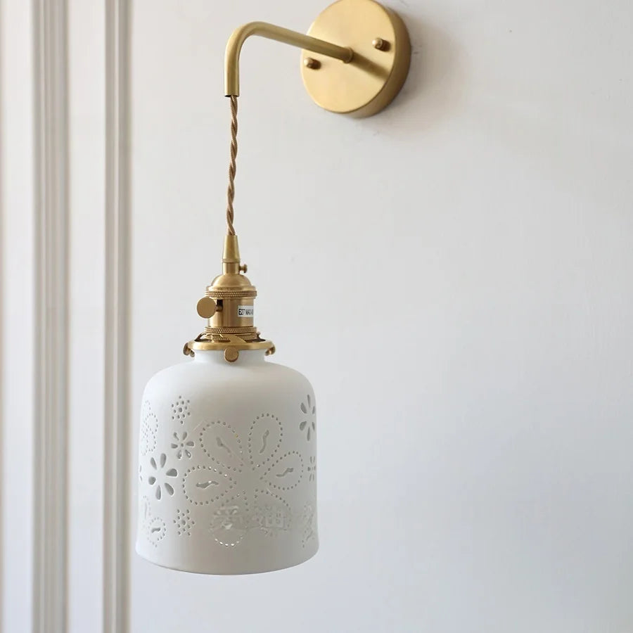“Nordic white ceramic wall sconce with copper pull chain, Liglite”