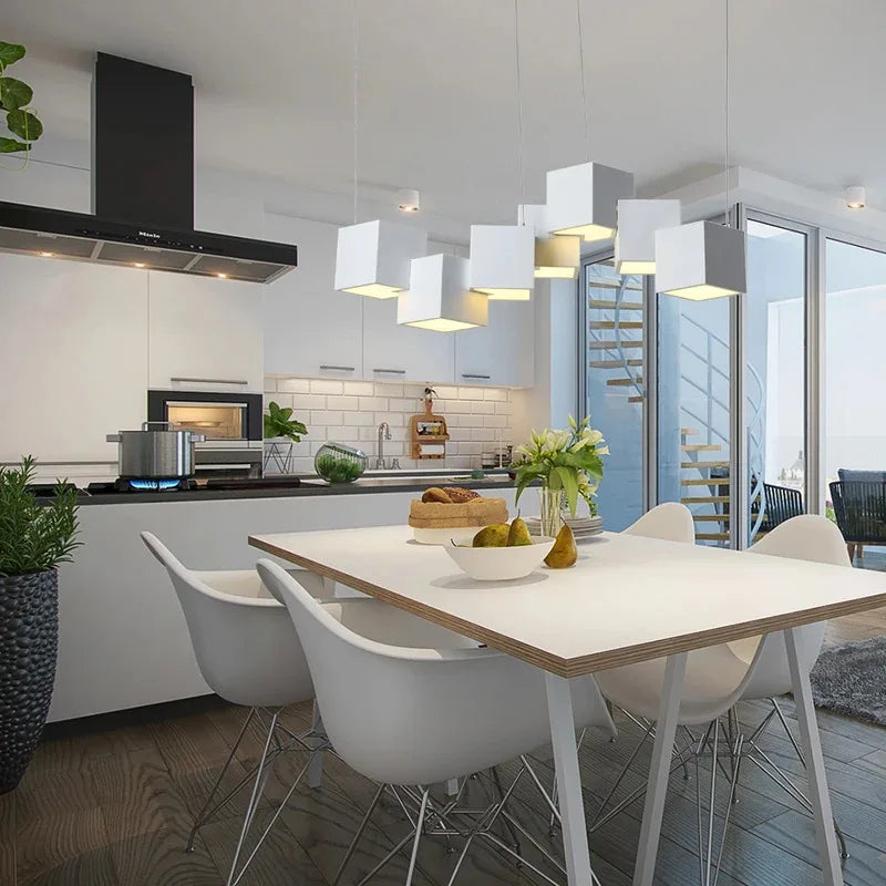 Ceiling hanging cube pendant with 8 light sources for 10–15 square meter spaces