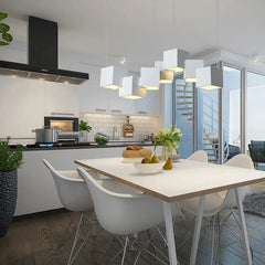 Ceiling hanging cube pendant with 8 light sources for 10–15 square meter spaces
