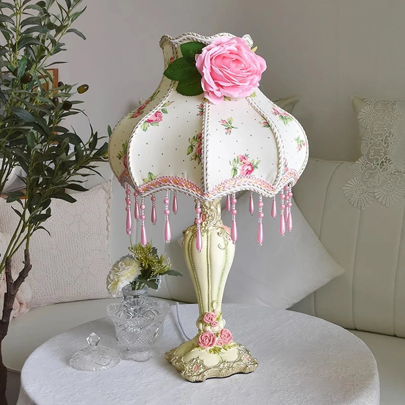 “Pink flower princess table lamp with rose motif and crystal tassels”

