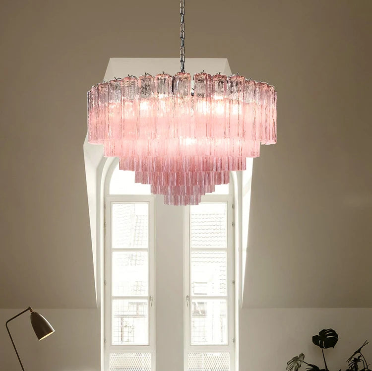 Elegant pink textured glass chandelier enhancing a modern living room decor