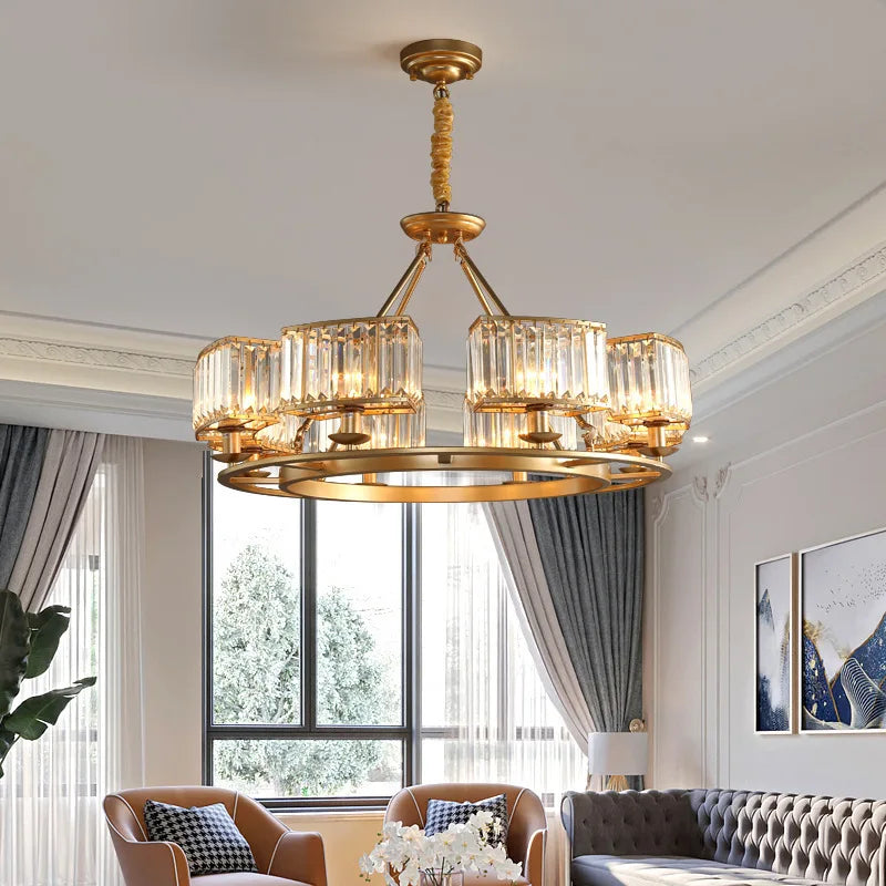Plated metal chandelier with crystal-style accents for villa and bar ceiling lighting