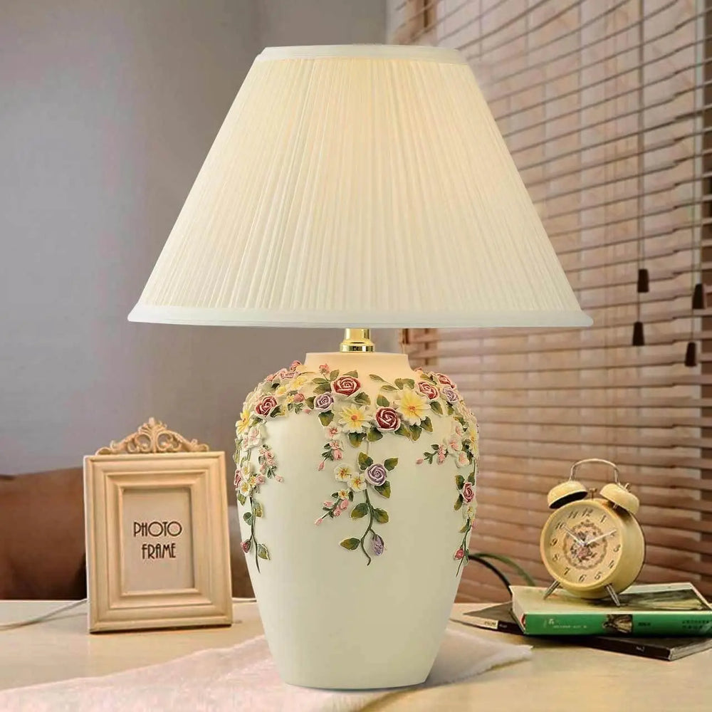 “LED bedside table lamp with pleated fabric shade”