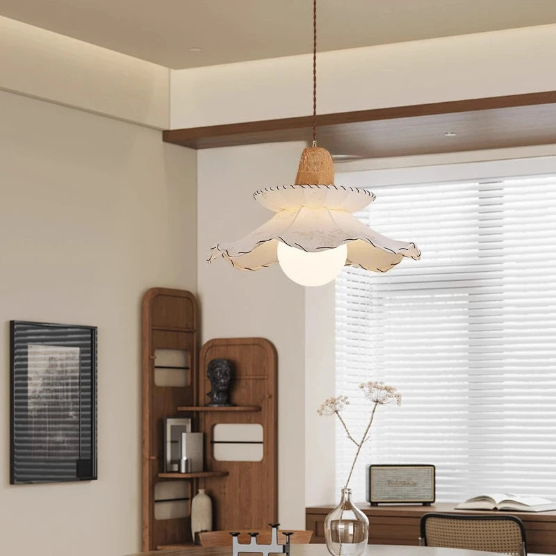 “Sculptural white fabric LED hanging lamp for living room or restaurant”