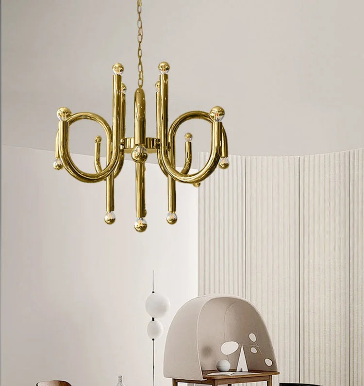 Artistic stainless steel chandelier with bold, post-modern lines