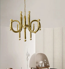 Artistic stainless steel chandelier with bold, post-modern lines