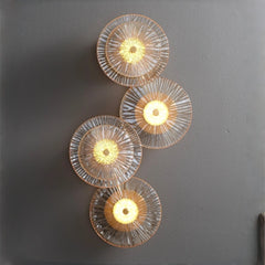 Postmodern crystal disc wall lamp with copper body for living room feature wall lighting
