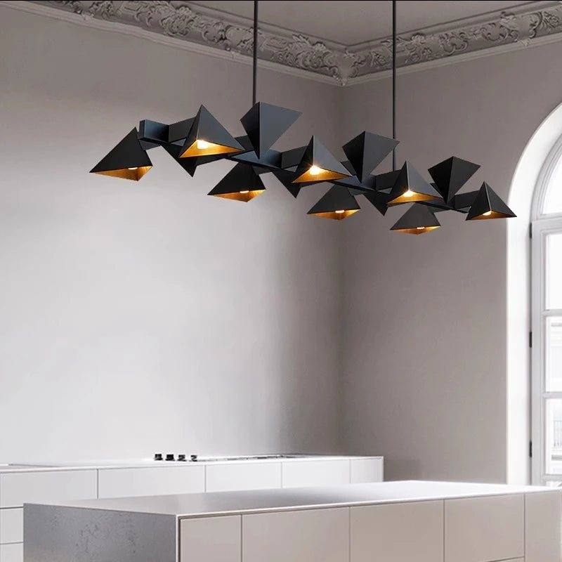 Minimalist postmodern chandelier with faceted shadeless design