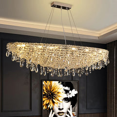 Remote control crystal pendant chandelier featured in upscale hotel décor