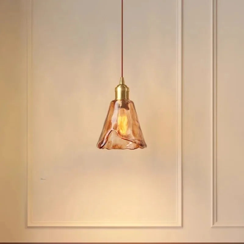 “Retro brass amber glass pendant light, E27 LED included, 3-year warranty”