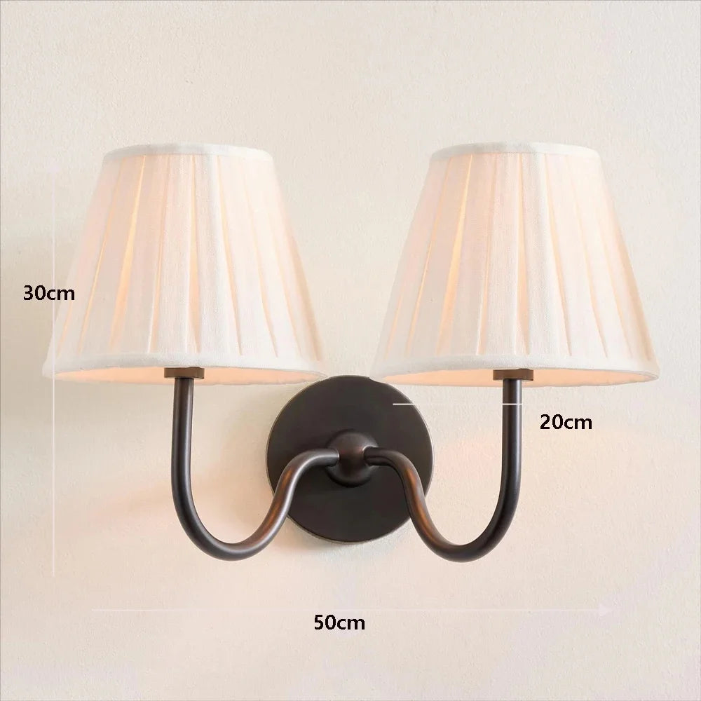 Double wall light fixture with lampshades on a white background, showing dimensions.