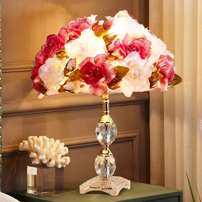 “Romantic floral table lamp with LED bulb and crystal base”