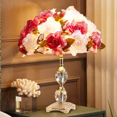 “Romantic floral table lamp with LED bulb and crystal base”