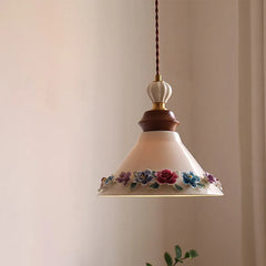 “Rose flower ceramic pendant light, hand-decorated vintage floral, adjustable, E27, 4-year warranty”