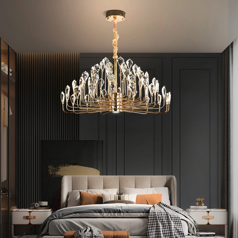 Luxurious bedroom with a chandelier, bed, and dark walls
